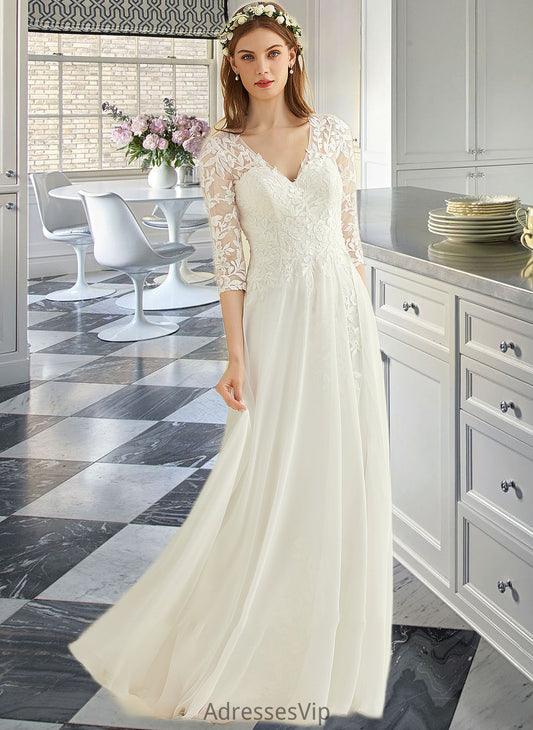 Gianna A-Line V-neck Floor-Length Chiffon Lace Wedding Dress HCP0013745