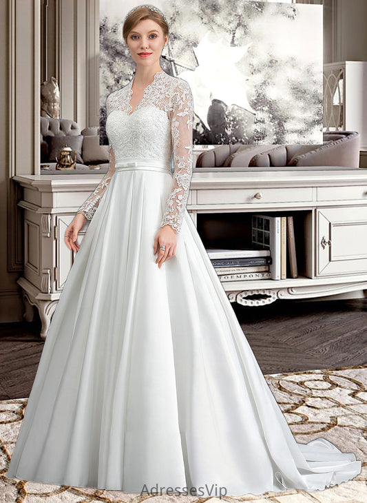 Gill Ball-Gown/Princess V-neck Court Train Satin Wedding Dress With Bow(s) HCP0013746