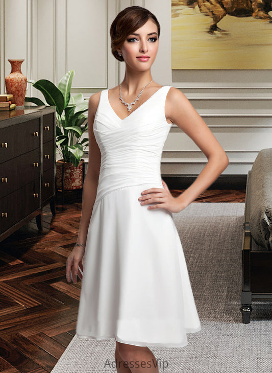 Annabella A-Line V-neck Knee-Length Chiffon Wedding Dress With Ruffle Beading Sequins HCP0013752