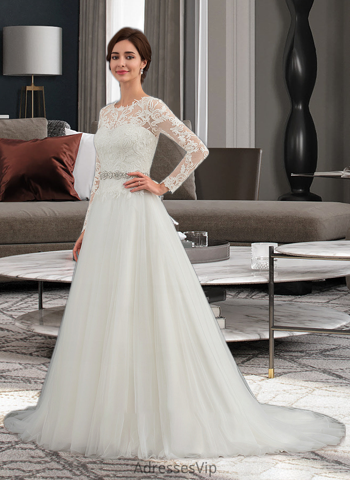 Ryan Ball-Gown/Princess Scoop Neck Sweep Train Tulle Wedding Dress HCP0013759