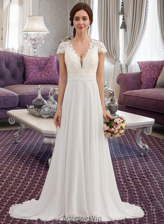 Gertrude A-Line V-neck Sweep Train Chiffon Wedding Dress With Ruffle HCP0013761