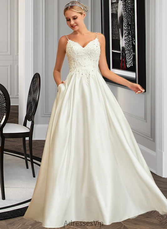 Caitlyn Ball-Gown/Princess V-neck Sweep Train Satin Lace Wedding Dress With Lace Beading Sequins Pockets HCP0013771