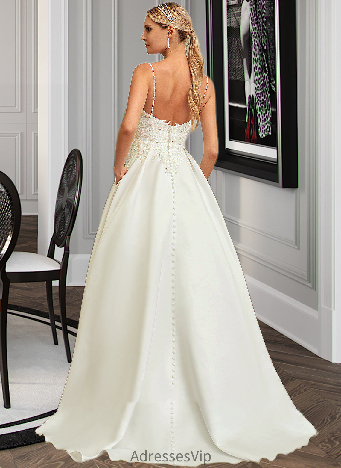 Caitlyn Ball-Gown/Princess V-neck Sweep Train Satin Lace Wedding Dress With Lace Beading Sequins Pockets HCP0013771