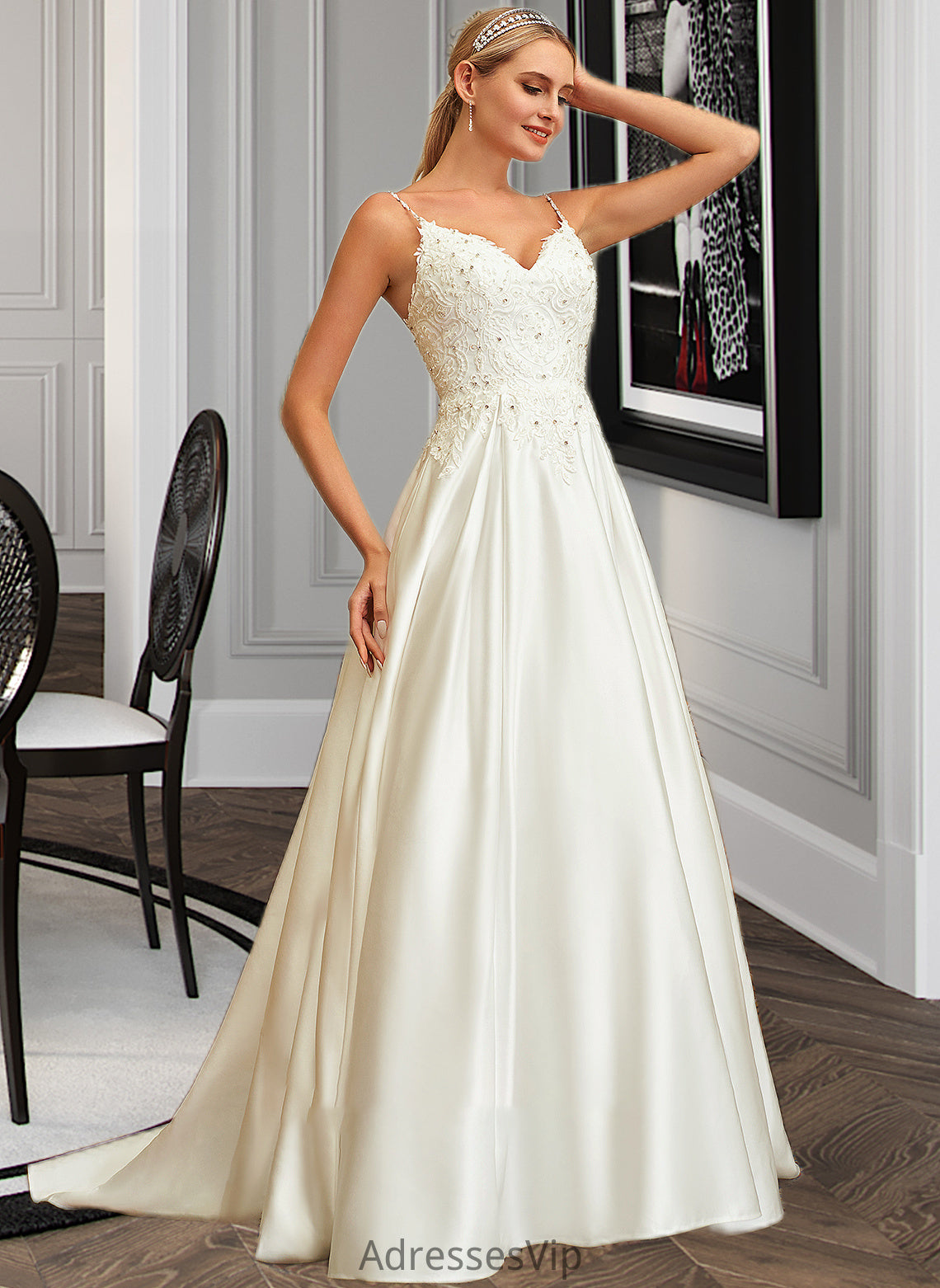 Caitlyn Ball-Gown/Princess V-neck Sweep Train Satin Lace Wedding Dress With Lace Beading Sequins Pockets HCP0013771