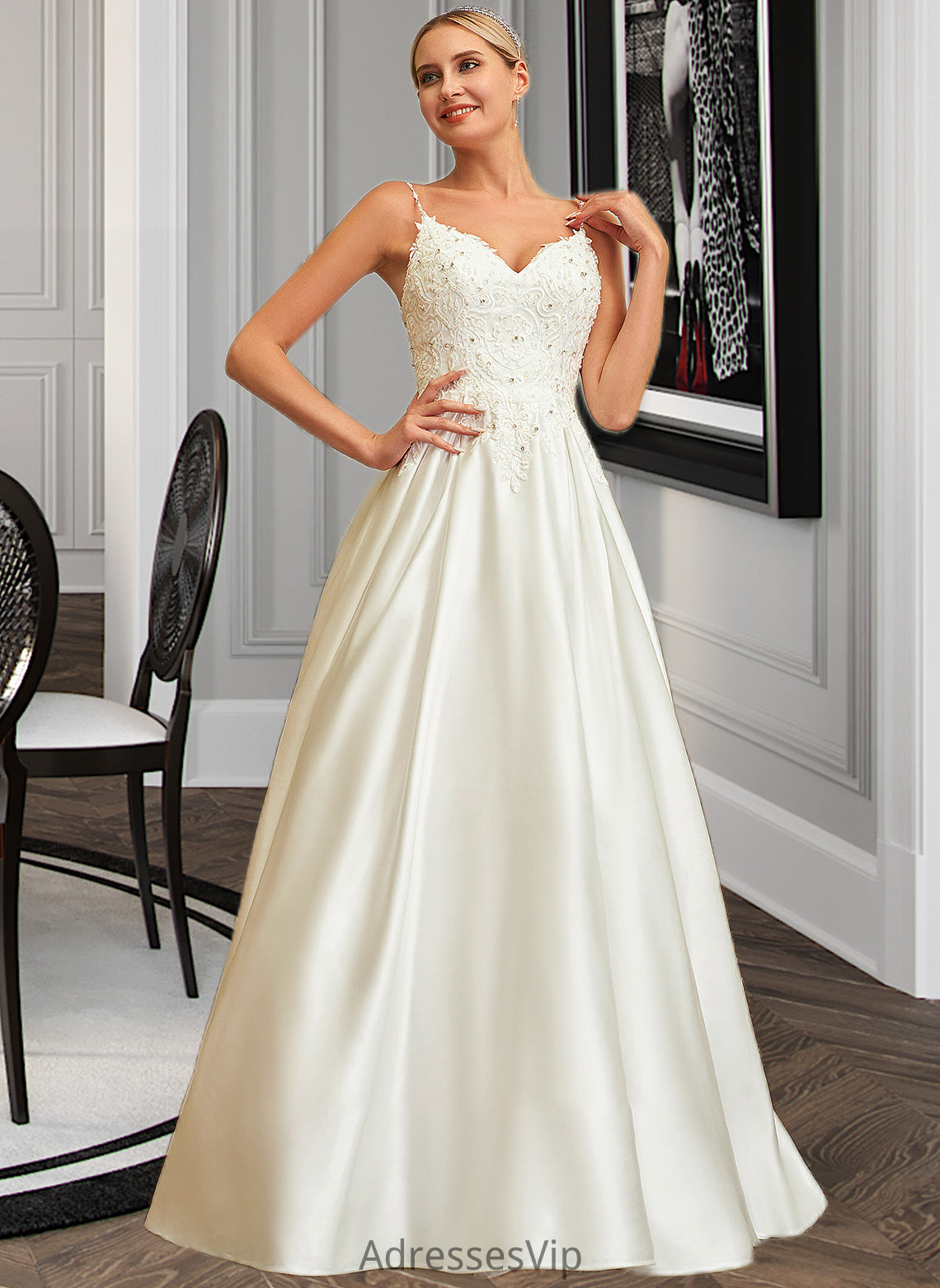 Caitlyn Ball-Gown/Princess V-neck Sweep Train Satin Lace Wedding Dress With Lace Beading Sequins Pockets HCP0013771