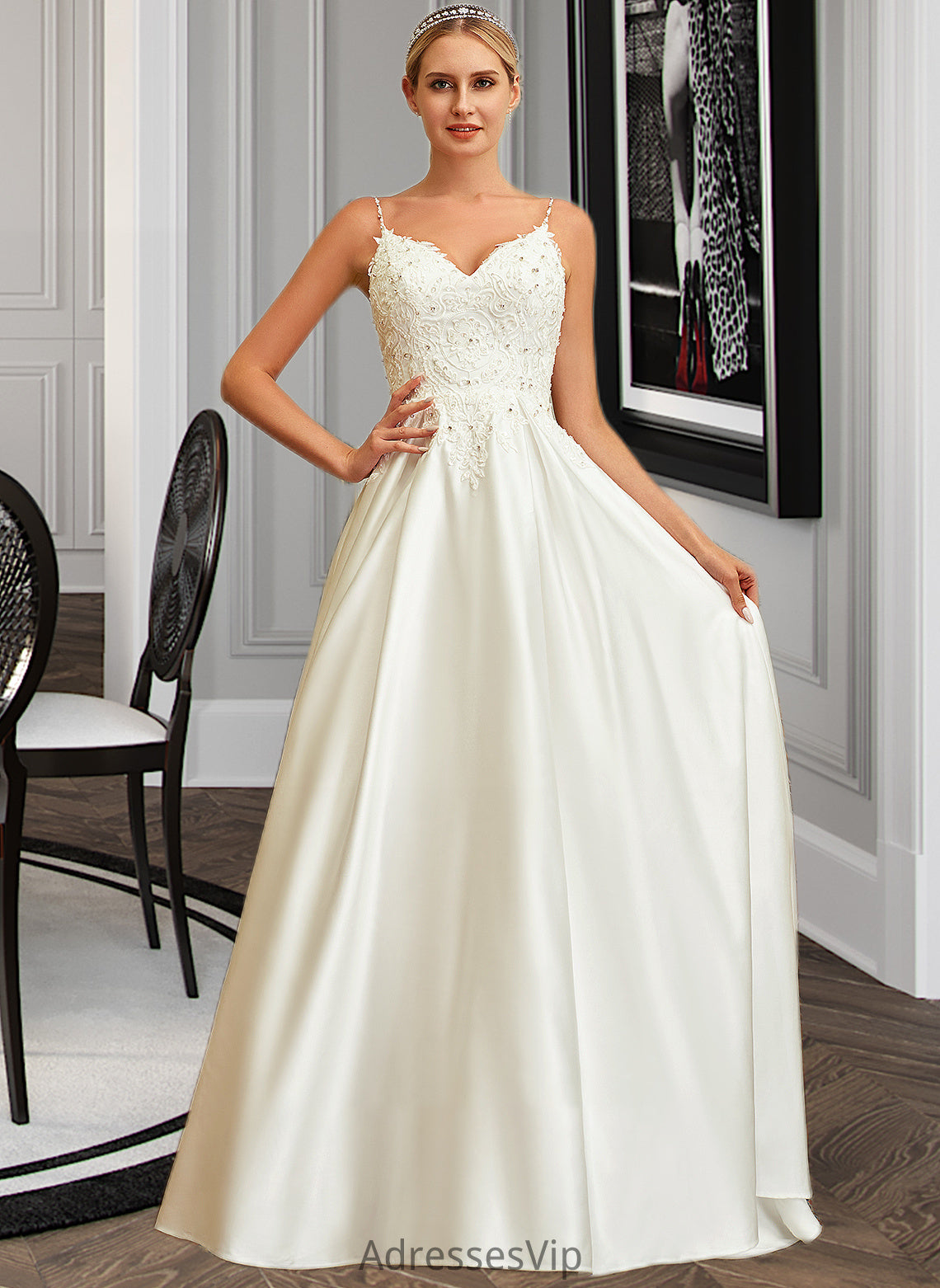 Caitlyn Ball-Gown/Princess V-neck Sweep Train Satin Lace Wedding Dress With Lace Beading Sequins Pockets HCP0013771