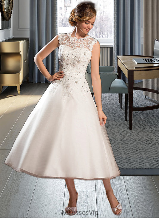 Nicola Ball-Gown/Princess Scoop Neck Tea-Length Tulle Lace Wedding Dress With Beading Sequins HCP0013773