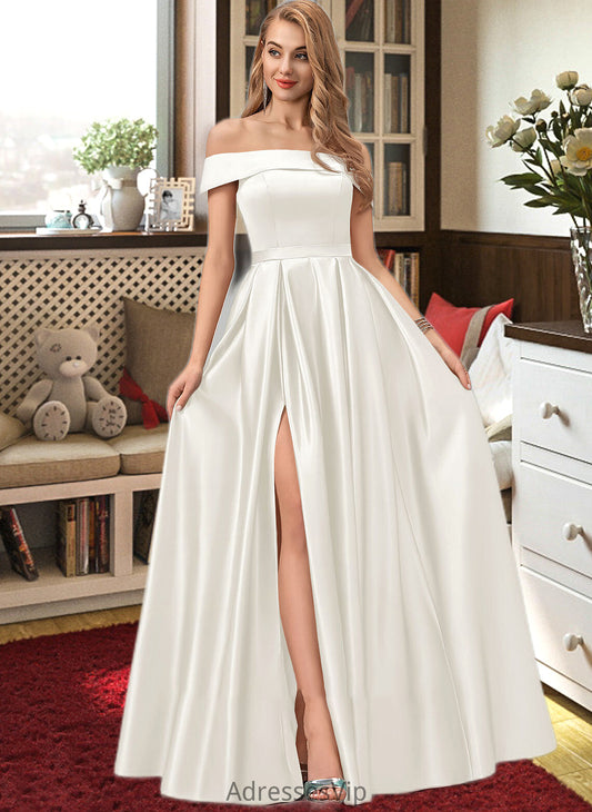 Macy Ball-Gown/Princess Off-the-Shoulder Floor-Length Satin Wedding Dress With Split Front Pockets HCP0013774