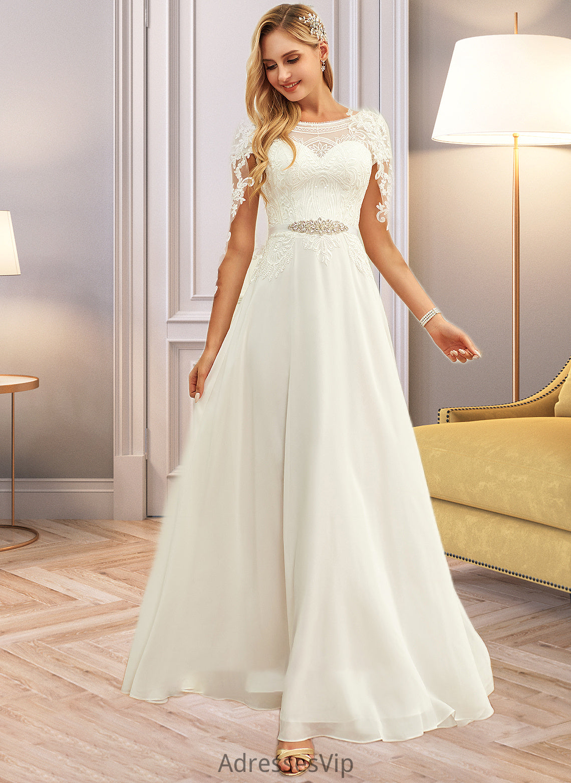 Lucinda A-Line Scoop Neck Floor-Length Chiffon Lace Wedding Dress With Sequins HCP0013775