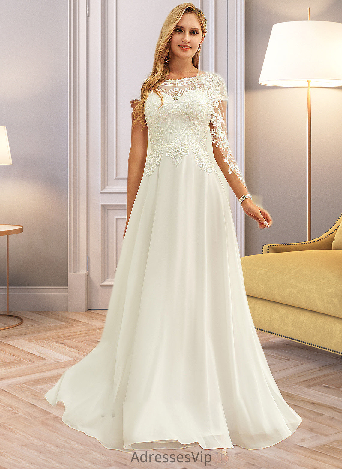 Lucinda A-Line Scoop Neck Floor-Length Chiffon Lace Wedding Dress With Sequins HCP0013775