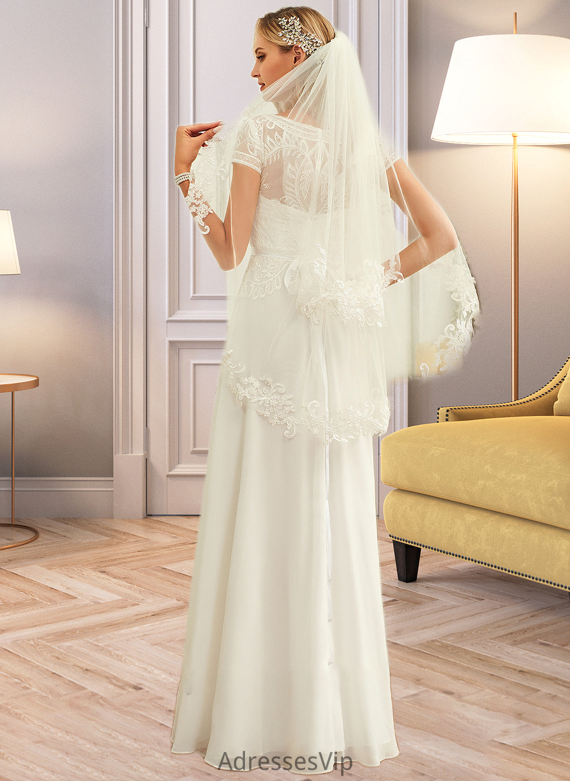 Lucinda A-Line Scoop Neck Floor-Length Chiffon Lace Wedding Dress With Sequins HCP0013775