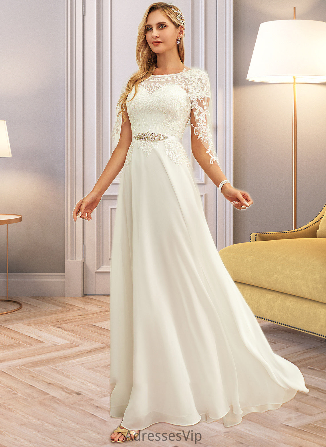 Lucinda A-Line Scoop Neck Floor-Length Chiffon Lace Wedding Dress With Sequins HCP0013775