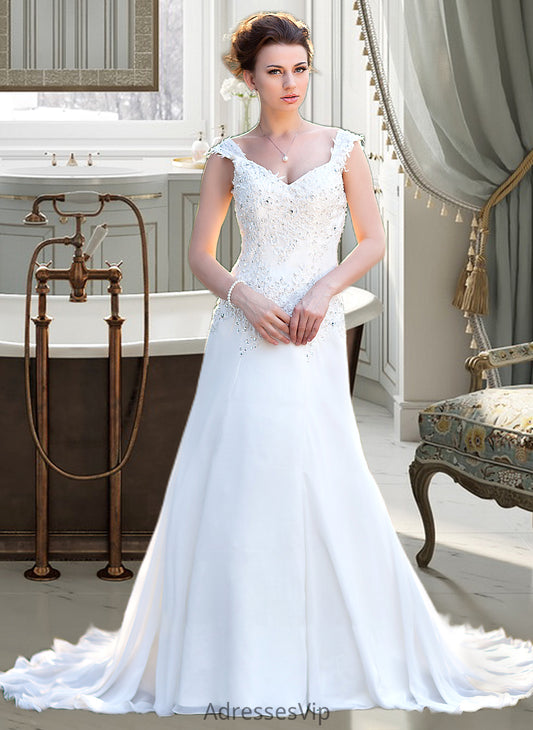 Carla A-Line V-neck Court Train Chiffon Wedding Dress With Lace Beading Sequins HCP0013776