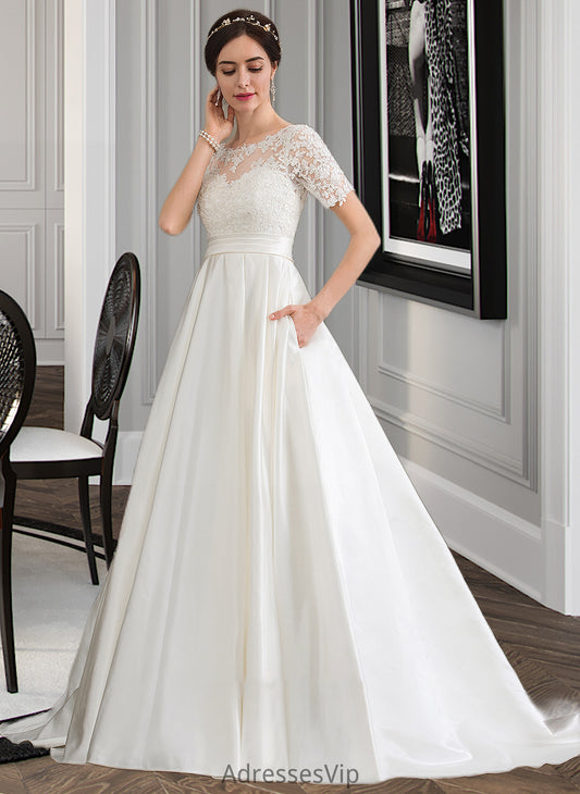 Shirley Ball-Gown/Princess Scoop Neck Court Train Satin Wedding Dress With Beading Sequins Pockets HCP0013777