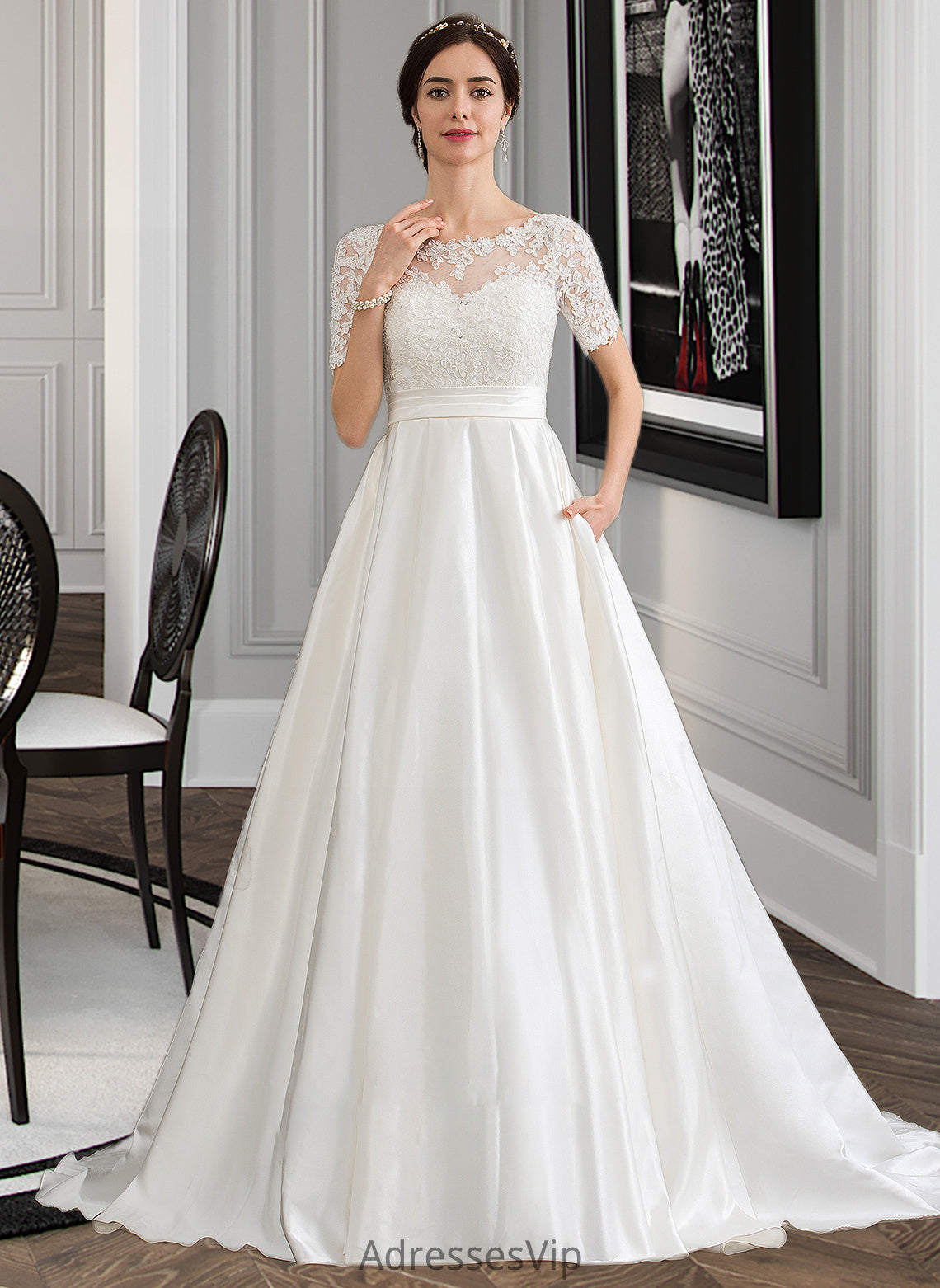 Shirley Ball-Gown/Princess Scoop Neck Court Train Satin Wedding Dress With Beading Sequins Pockets HCP0013777