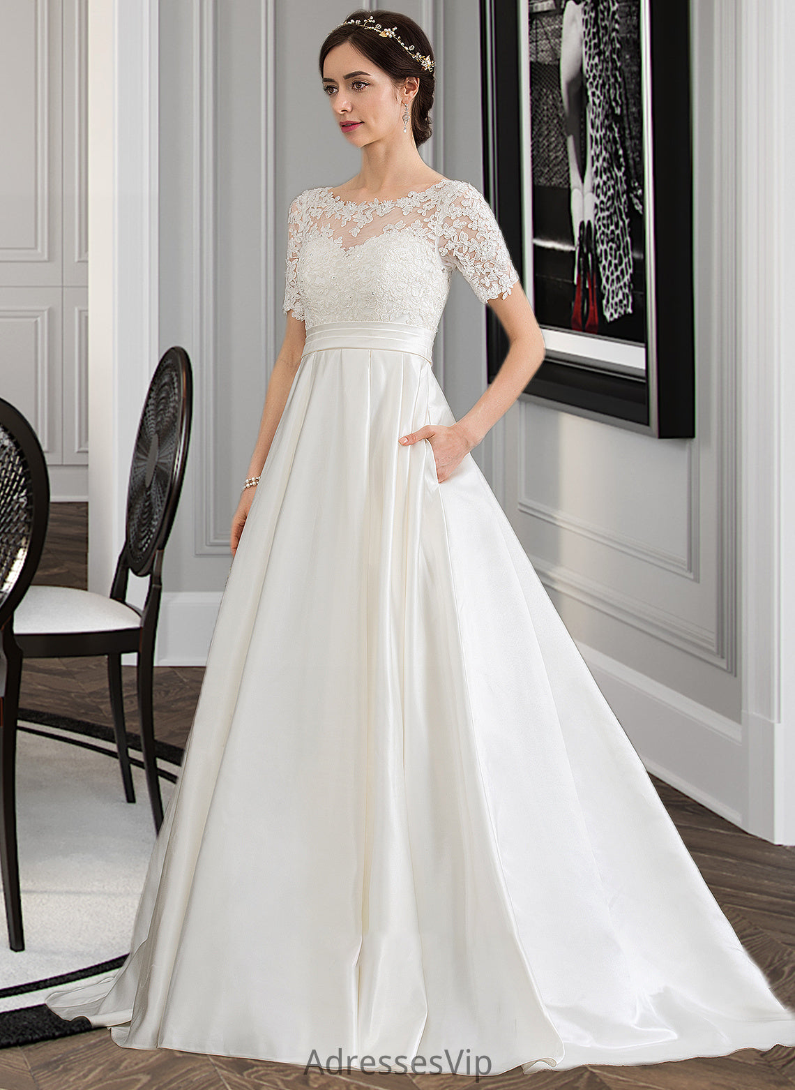 Shirley Ball-Gown/Princess Scoop Neck Court Train Satin Wedding Dress With Beading Sequins Pockets HCP0013777