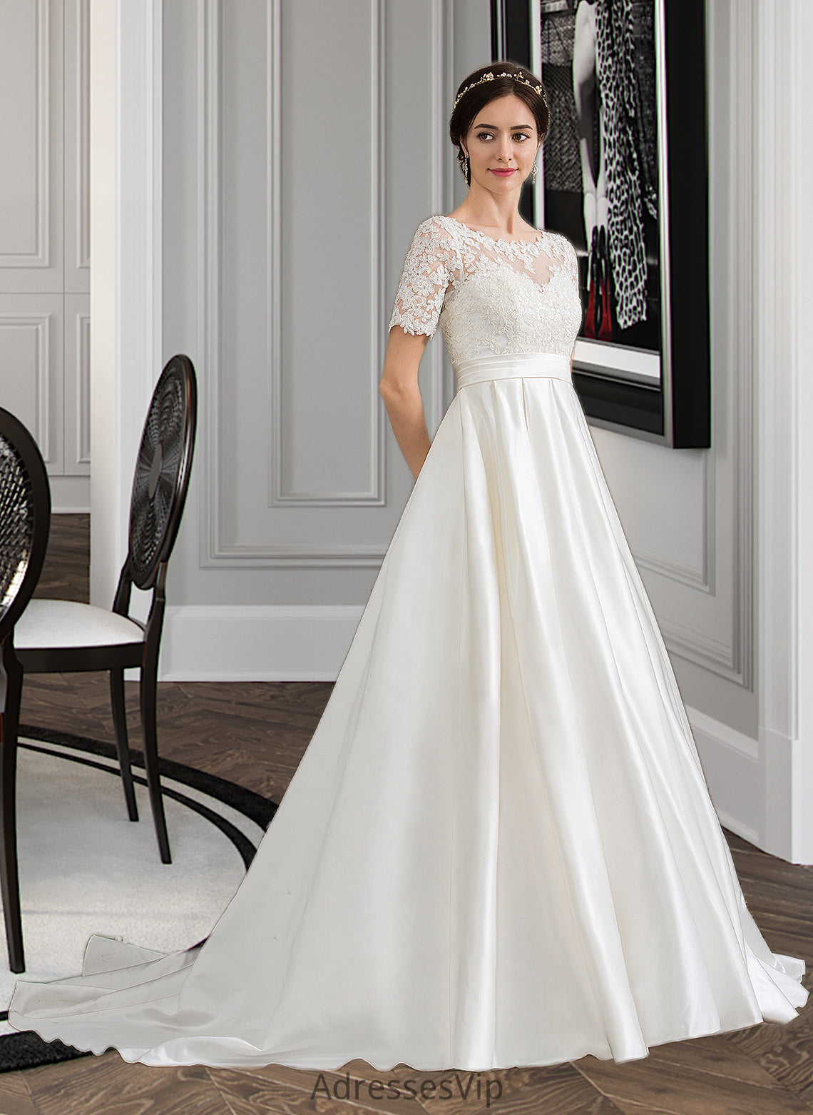 Shirley Ball-Gown/Princess Scoop Neck Court Train Satin Wedding Dress With Beading Sequins Pockets HCP0013777