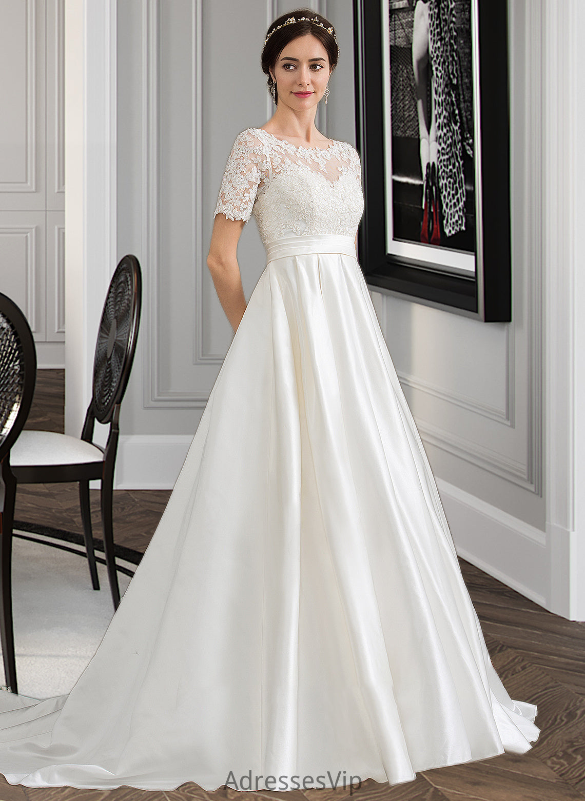 Shirley Ball-Gown/Princess Scoop Neck Court Train Satin Wedding Dress With Beading Sequins Pockets HCP0013777