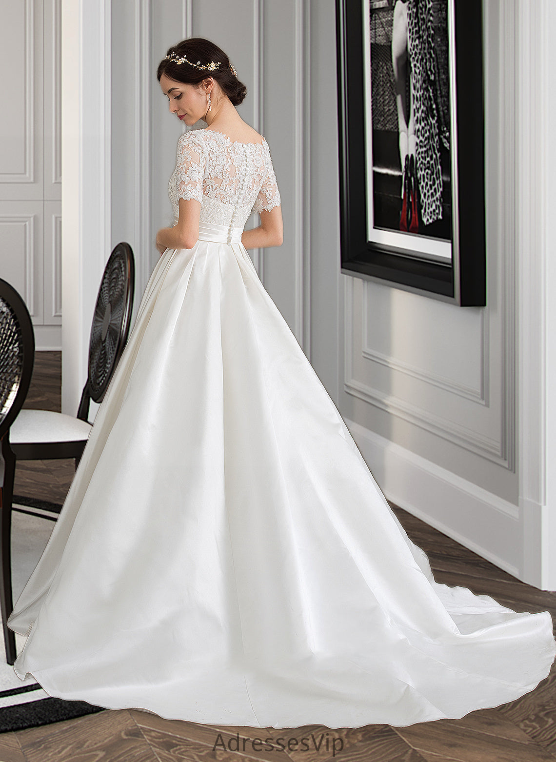 Shirley Ball-Gown/Princess Scoop Neck Court Train Satin Wedding Dress With Beading Sequins Pockets HCP0013777