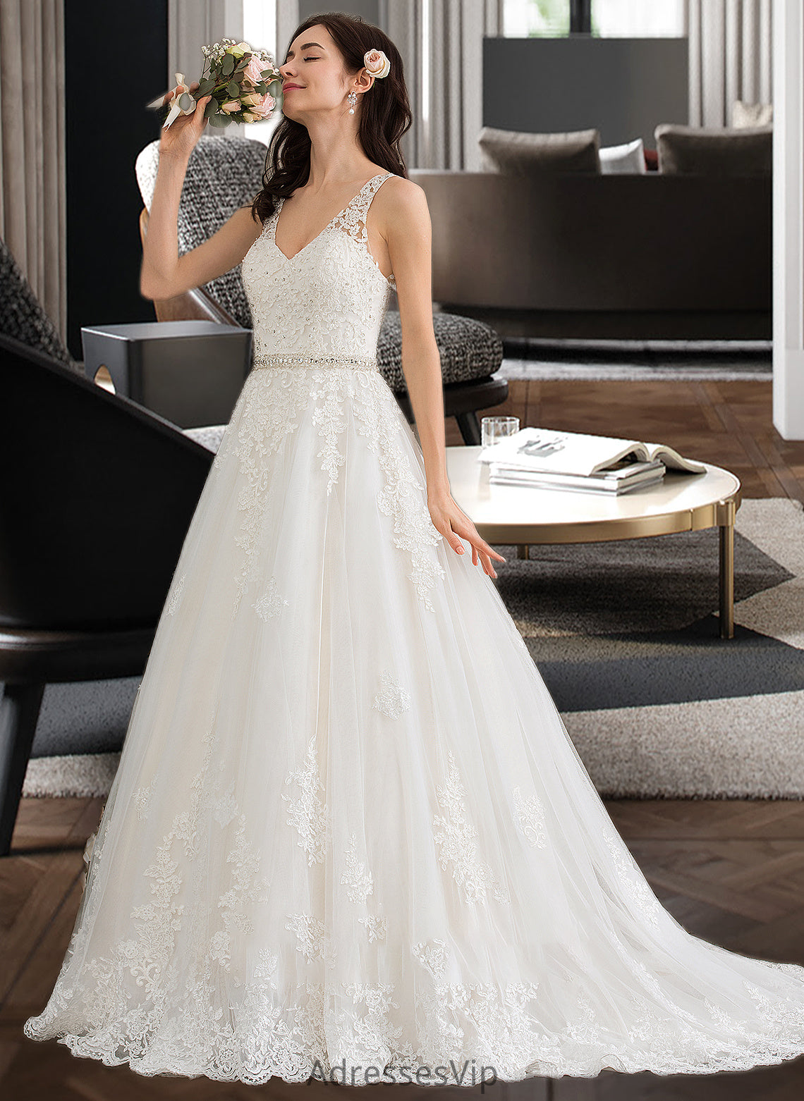 Jaylynn Ball-Gown/Princess V-neck Court Train Tulle Wedding Dress With Beading Sequins HCP0013779