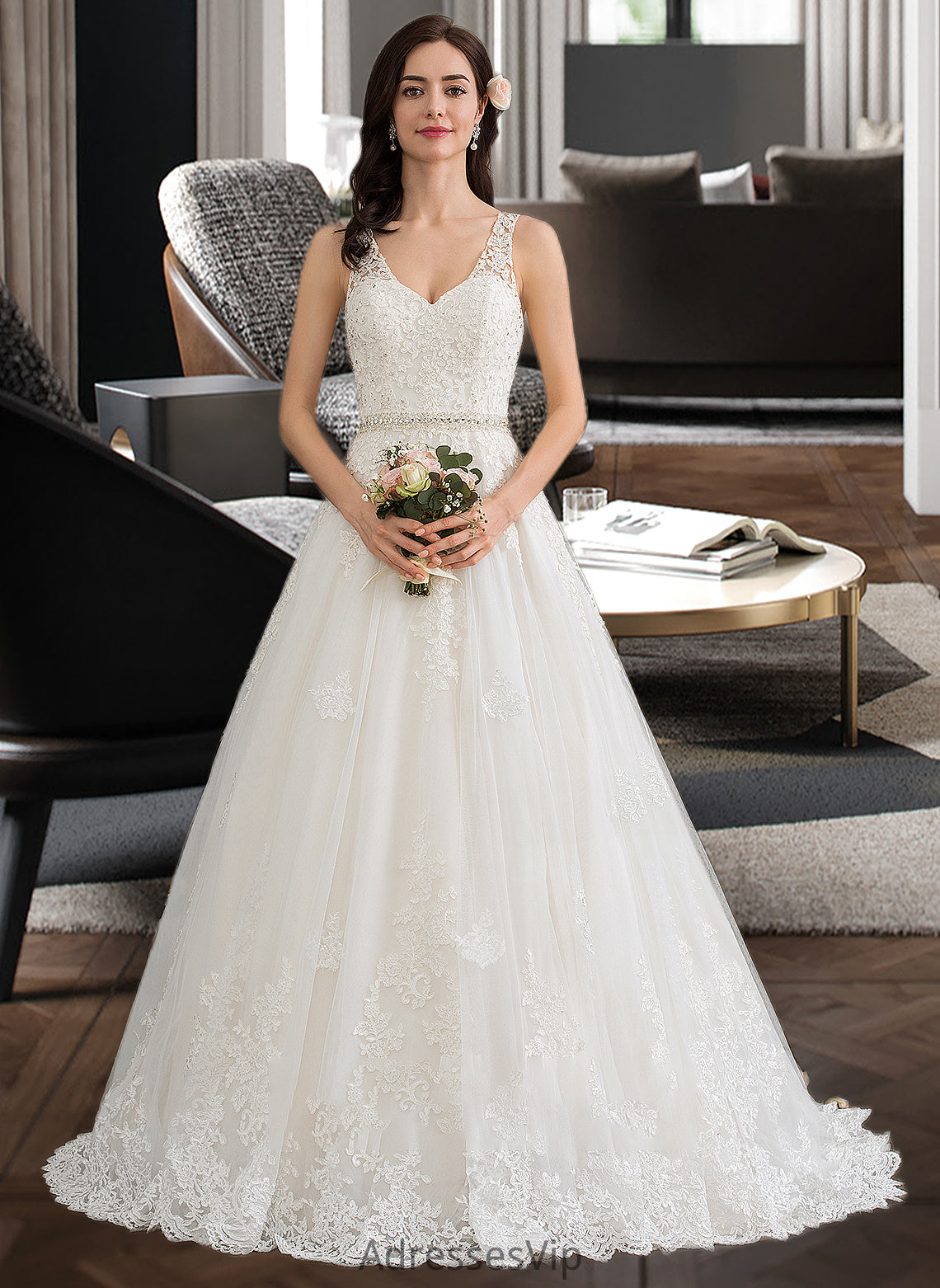 Jaylynn Ball-Gown/Princess V-neck Court Train Tulle Wedding Dress With Beading Sequins HCP0013779