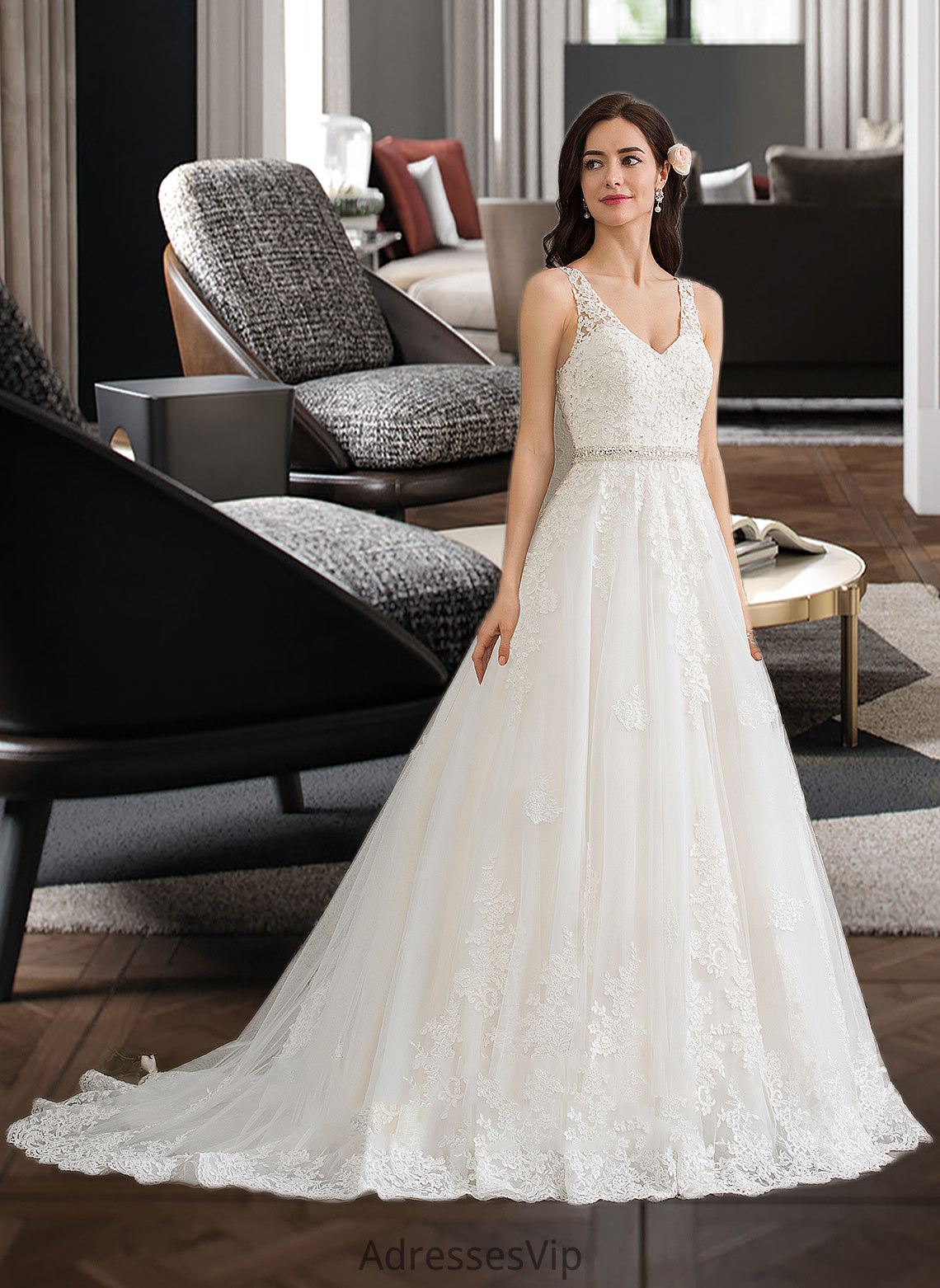 Jaylynn Ball-Gown/Princess V-neck Court Train Tulle Wedding Dress With Beading Sequins HCP0013779