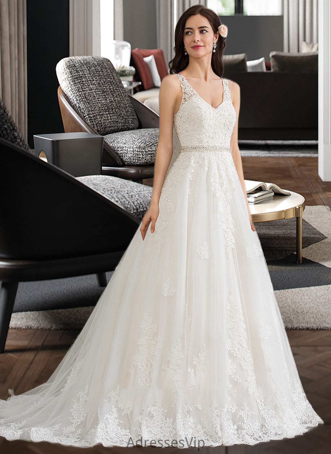 Jaylynn Ball-Gown/Princess V-neck Court Train Tulle Wedding Dress With Beading Sequins HCP0013779