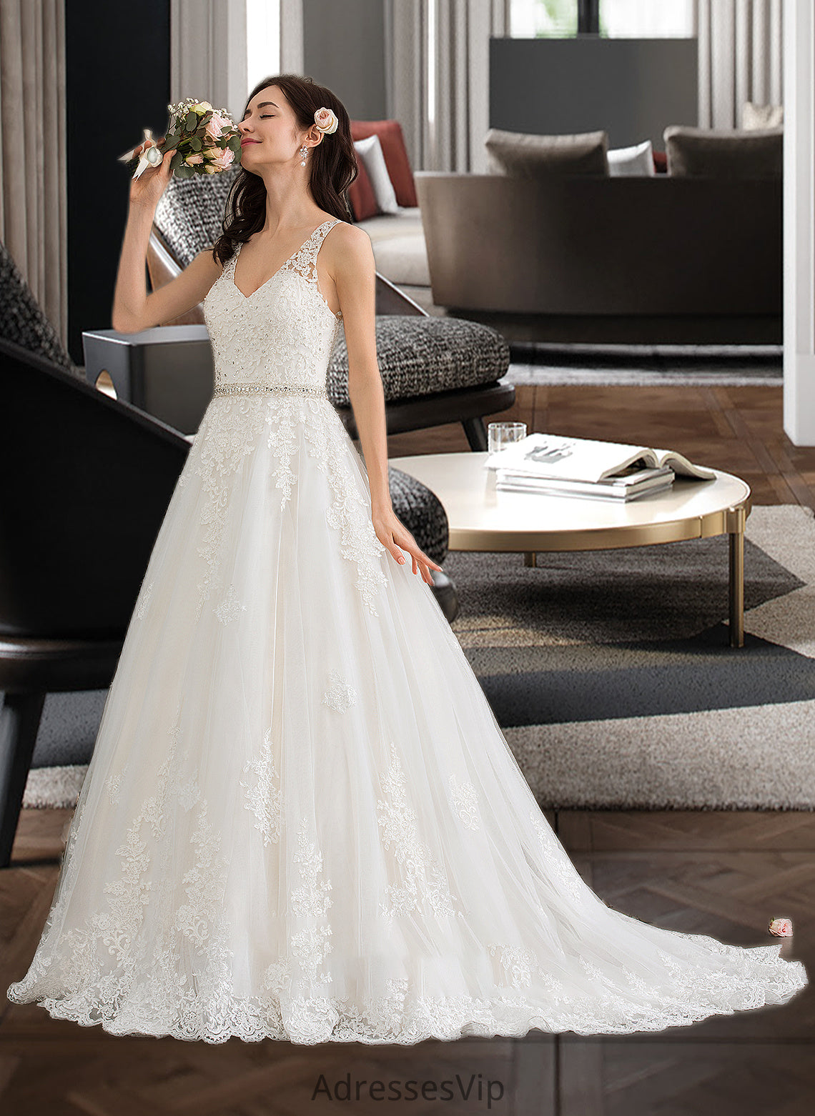 Jaylynn Ball-Gown/Princess V-neck Court Train Tulle Wedding Dress With Beading Sequins HCP0013779