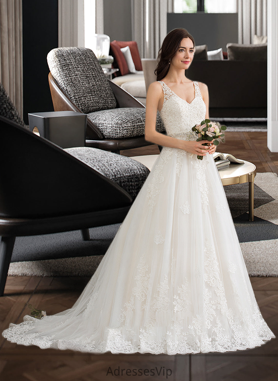 Jaylynn Ball-Gown/Princess V-neck Court Train Tulle Wedding Dress With Beading Sequins HCP0013779