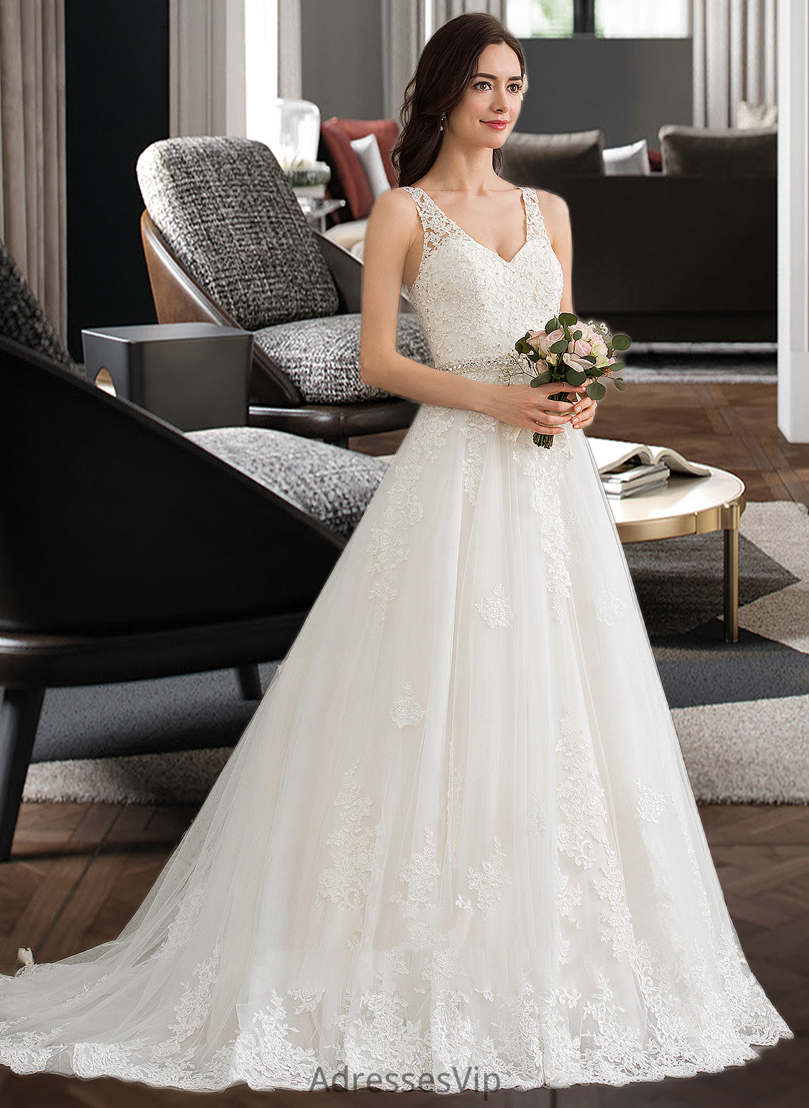 Jaylynn Ball-Gown/Princess V-neck Court Train Tulle Wedding Dress With Beading Sequins HCP0013779