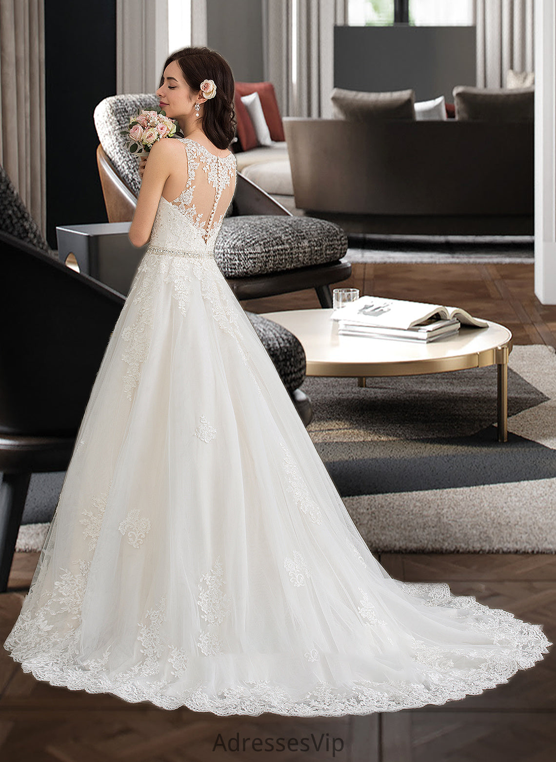 Jaylynn Ball-Gown/Princess V-neck Court Train Tulle Wedding Dress With Beading Sequins HCP0013779