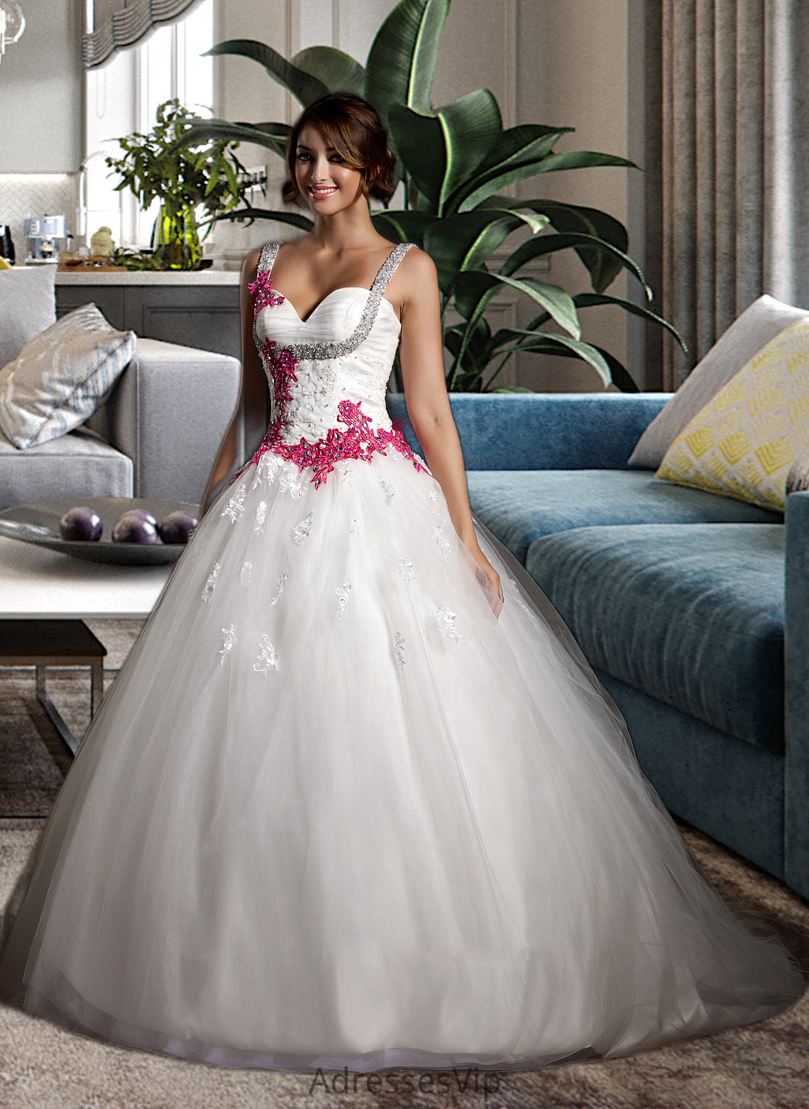 Penny Ball-Gown/Princess Sweetheart Chapel Train Tulle Wedding Dress With Ruffle Appliques Lace Bow(s) HCP0013780