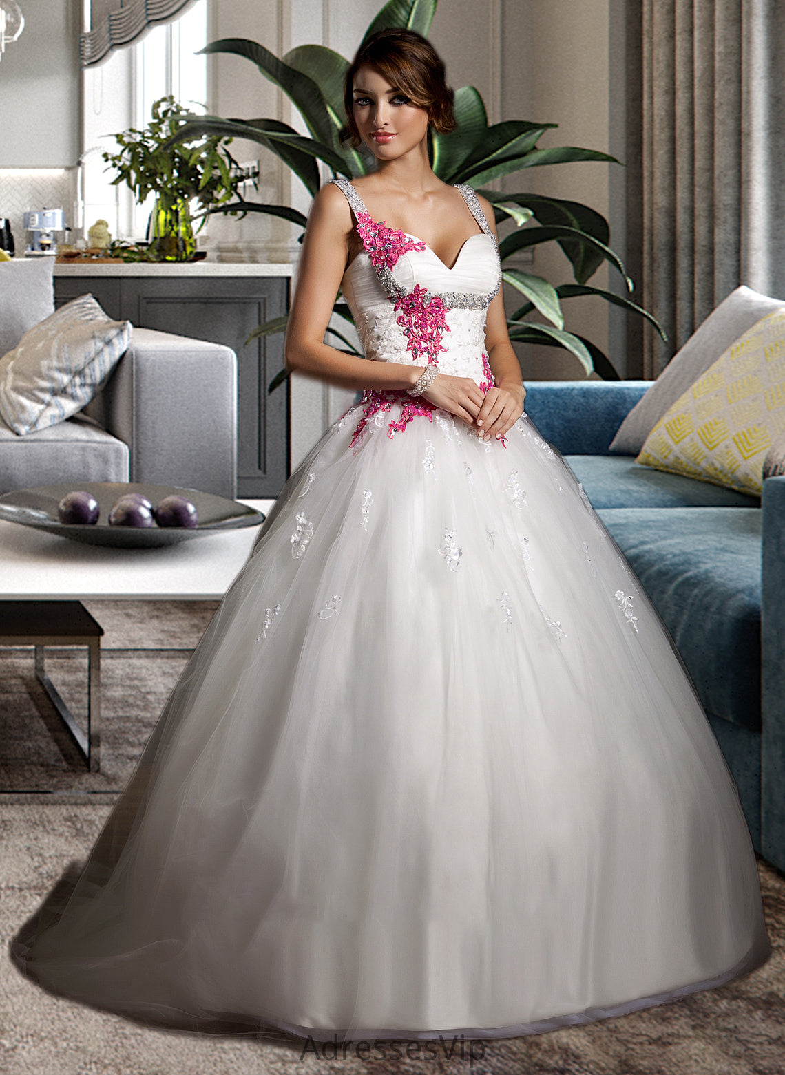 Penny Ball-Gown/Princess Sweetheart Chapel Train Tulle Wedding Dress With Ruffle Appliques Lace Bow(s) HCP0013780