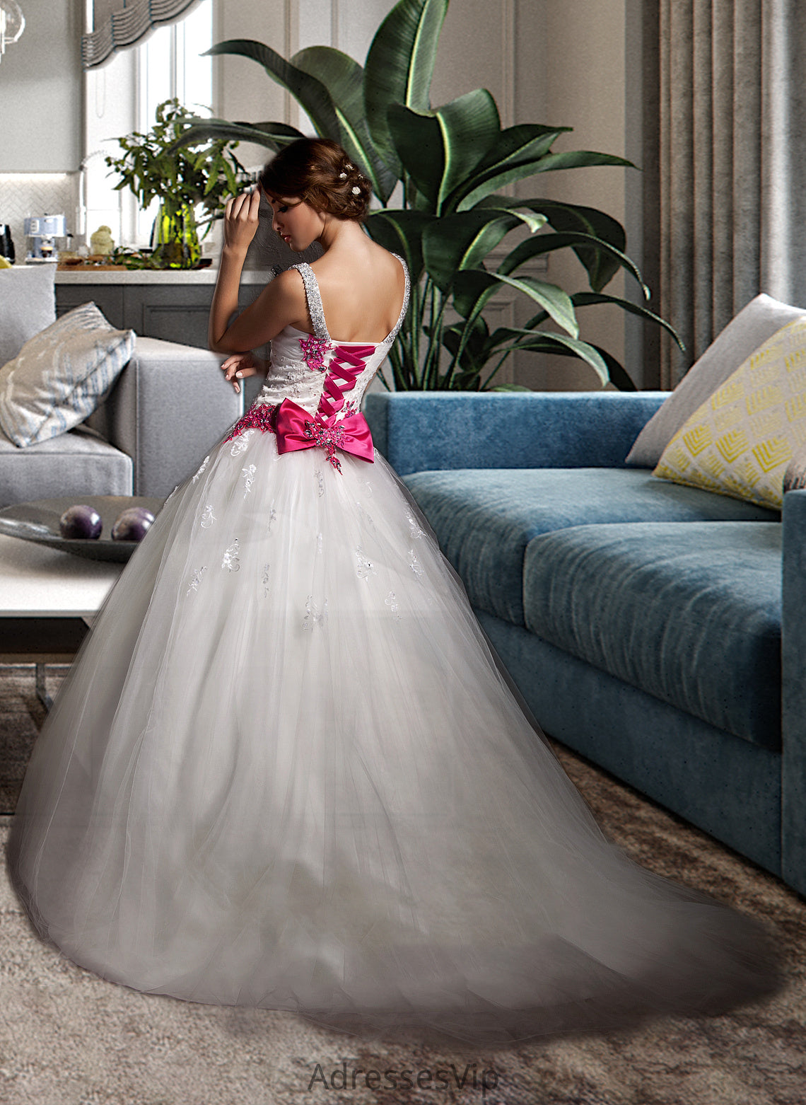 Penny Ball-Gown/Princess Sweetheart Chapel Train Tulle Wedding Dress With Ruffle Appliques Lace Bow(s) HCP0013780