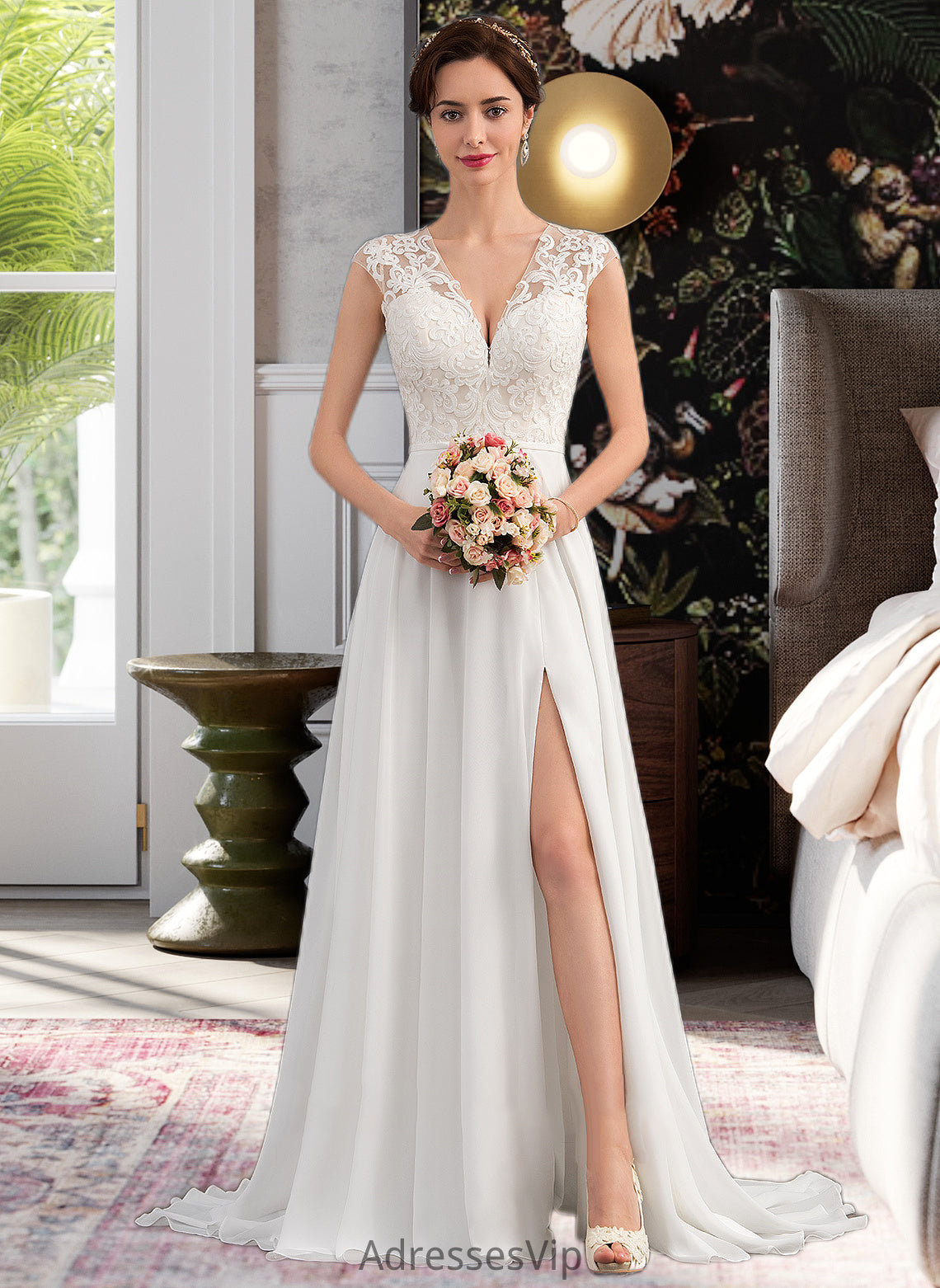 Aria A-Line V-neck Sweep Train Chiffon Wedding Dress With Split Front HCP0013782