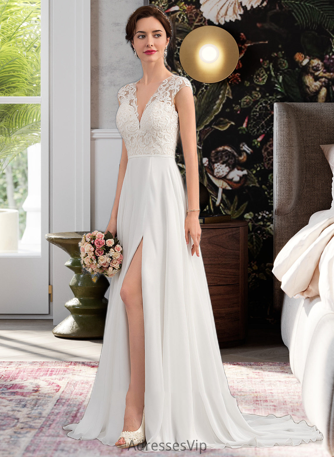 Aria A-Line V-neck Sweep Train Chiffon Wedding Dress With Split Front HCP0013782