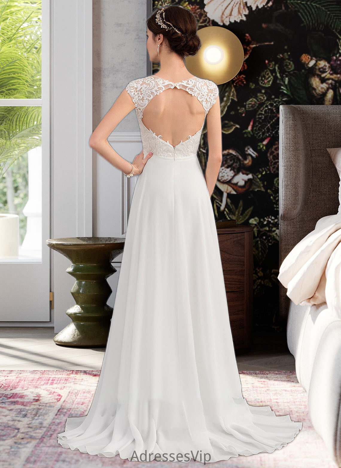 Aria A-Line V-neck Sweep Train Chiffon Wedding Dress With Split Front HCP0013782