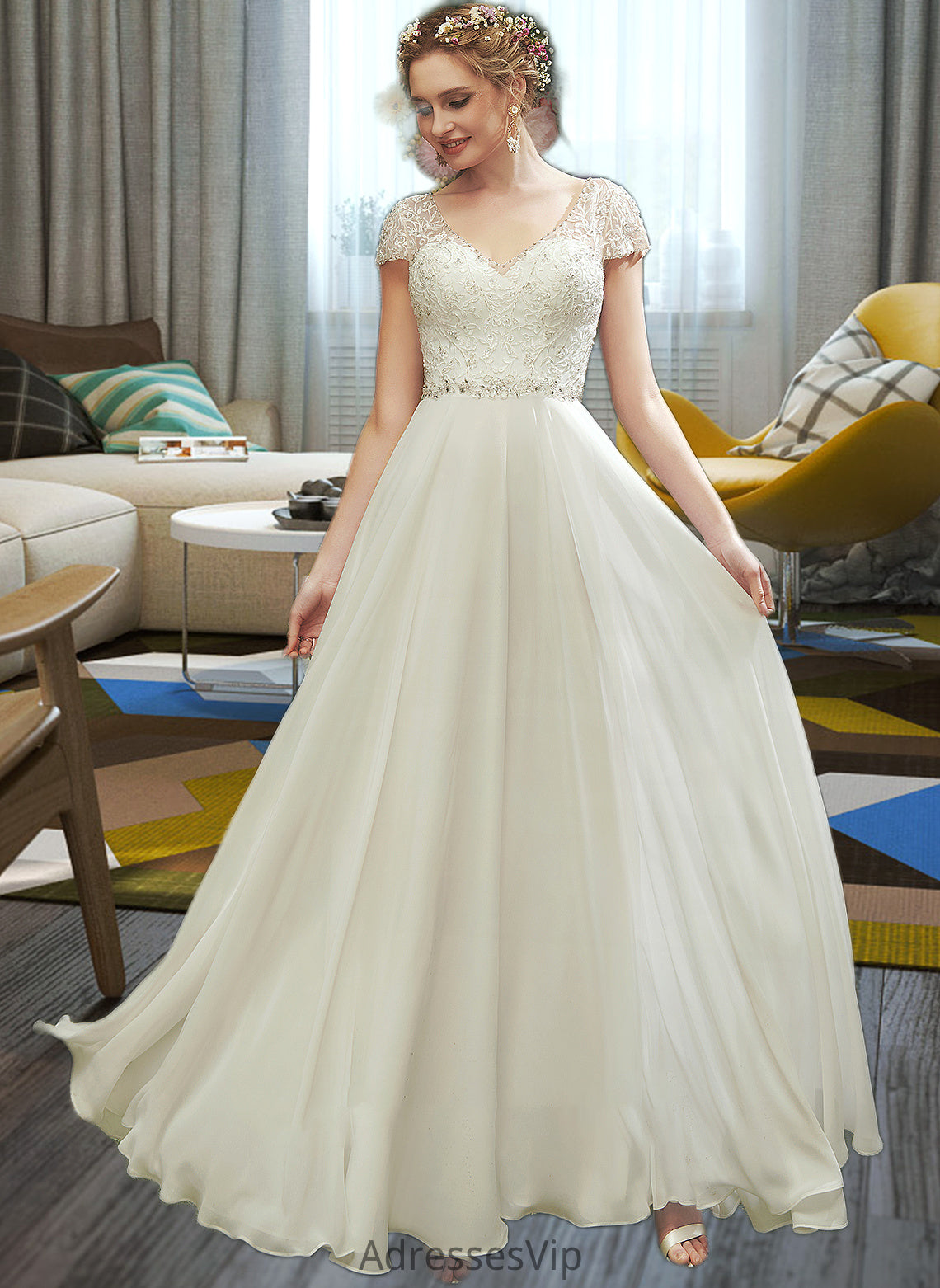 Tara A-Line V-neck Floor-Length Wedding Dress With Lace Beading Sequins HCP0013784