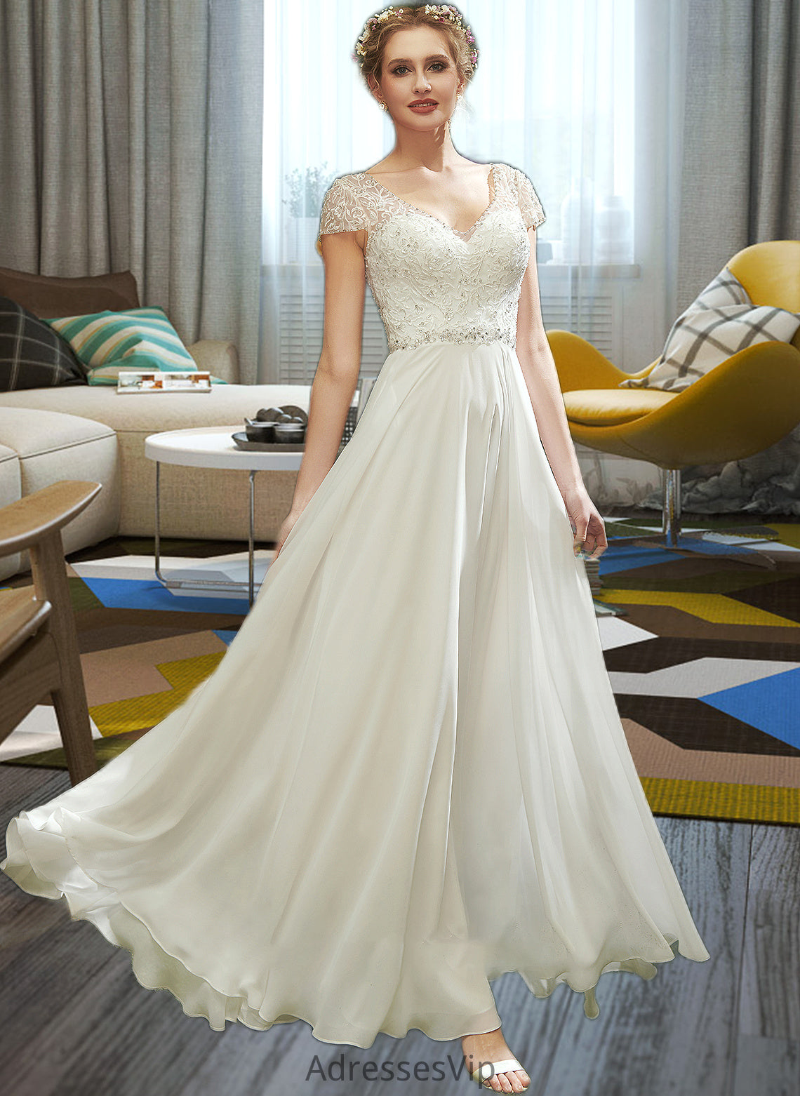 Tara A-Line V-neck Floor-Length Wedding Dress With Lace Beading Sequins HCP0013784