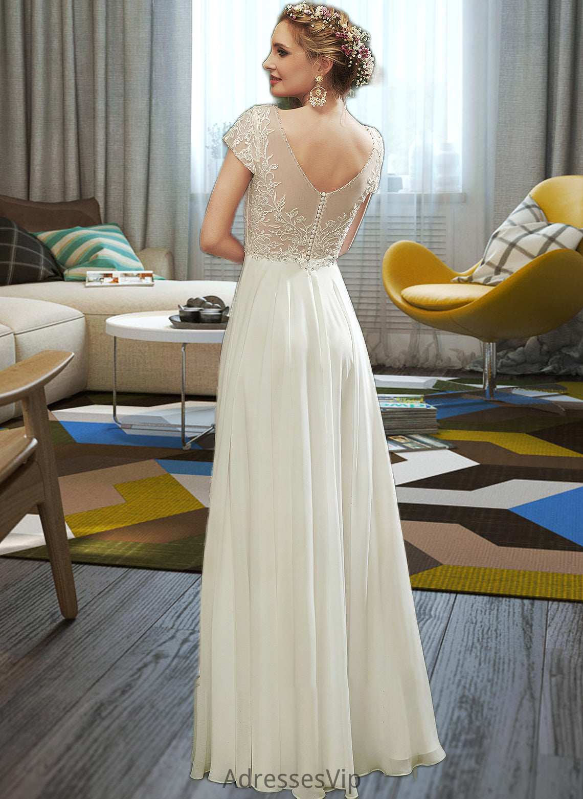 Tara A-Line V-neck Floor-Length Wedding Dress With Lace Beading Sequins HCP0013784