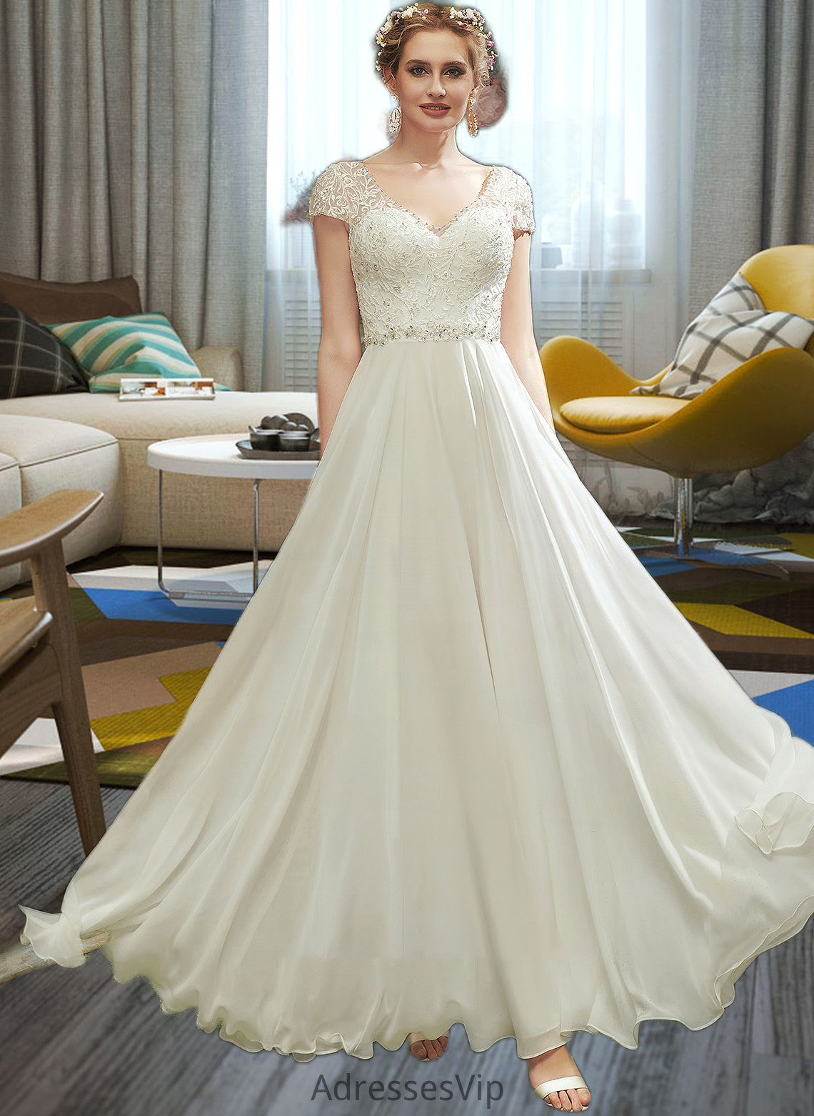 Tara A-Line V-neck Floor-Length Wedding Dress With Lace Beading Sequins HCP0013784