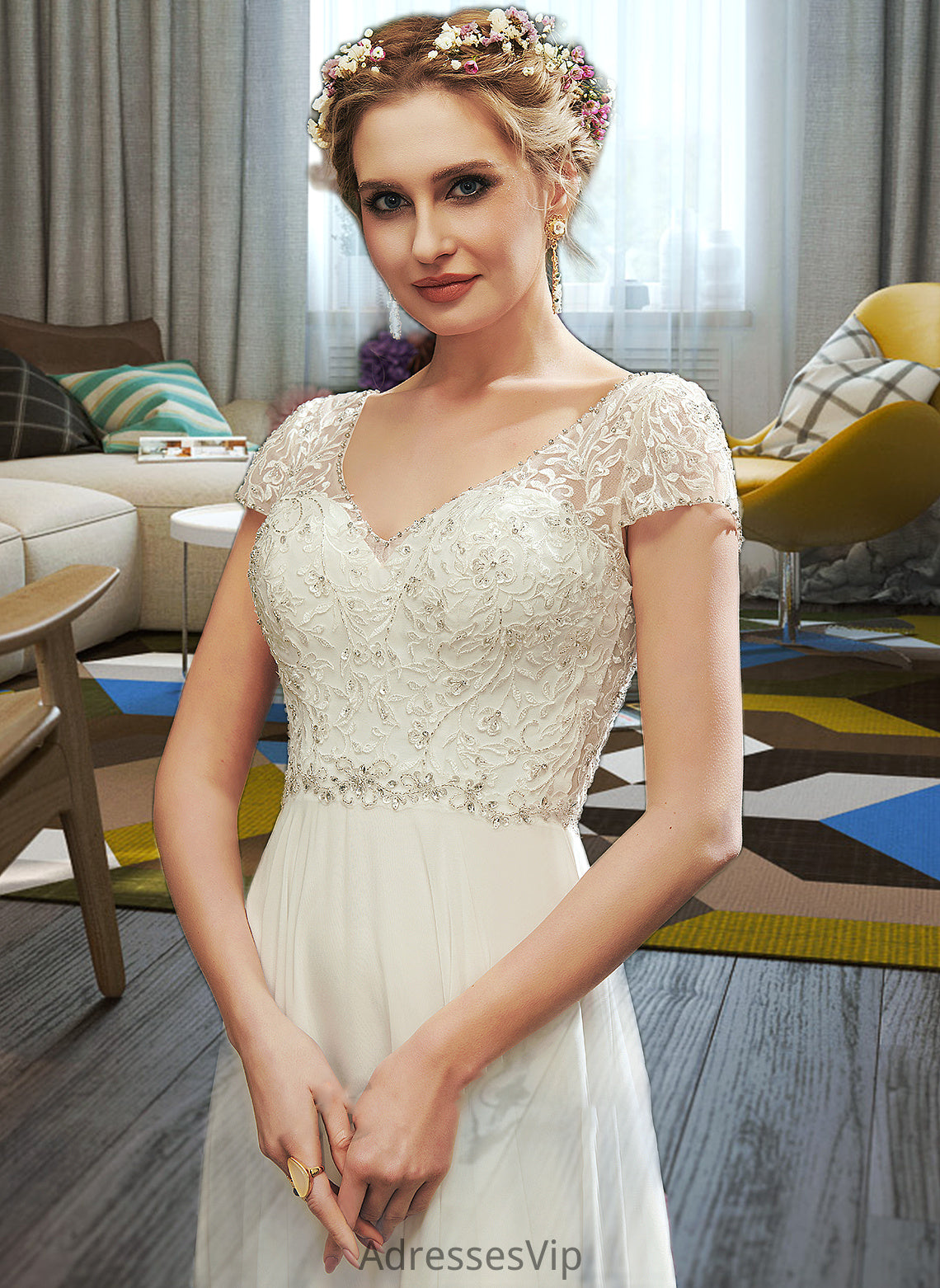 Tara A-Line V-neck Floor-Length Wedding Dress With Lace Beading Sequins HCP0013784