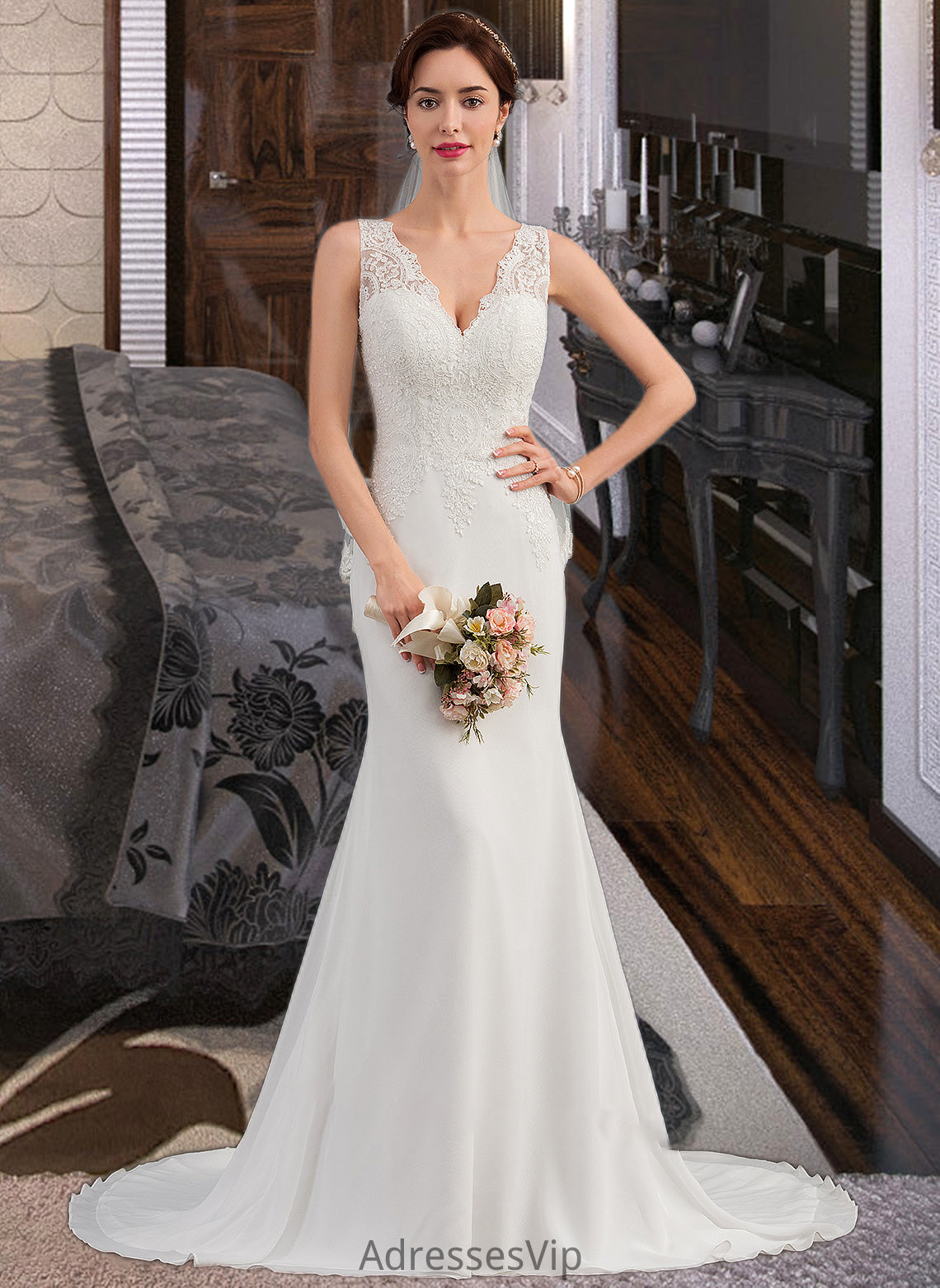 Cherish Trumpet/Mermaid V-neck Court Train Chiffon Wedding Dress HCP0013788