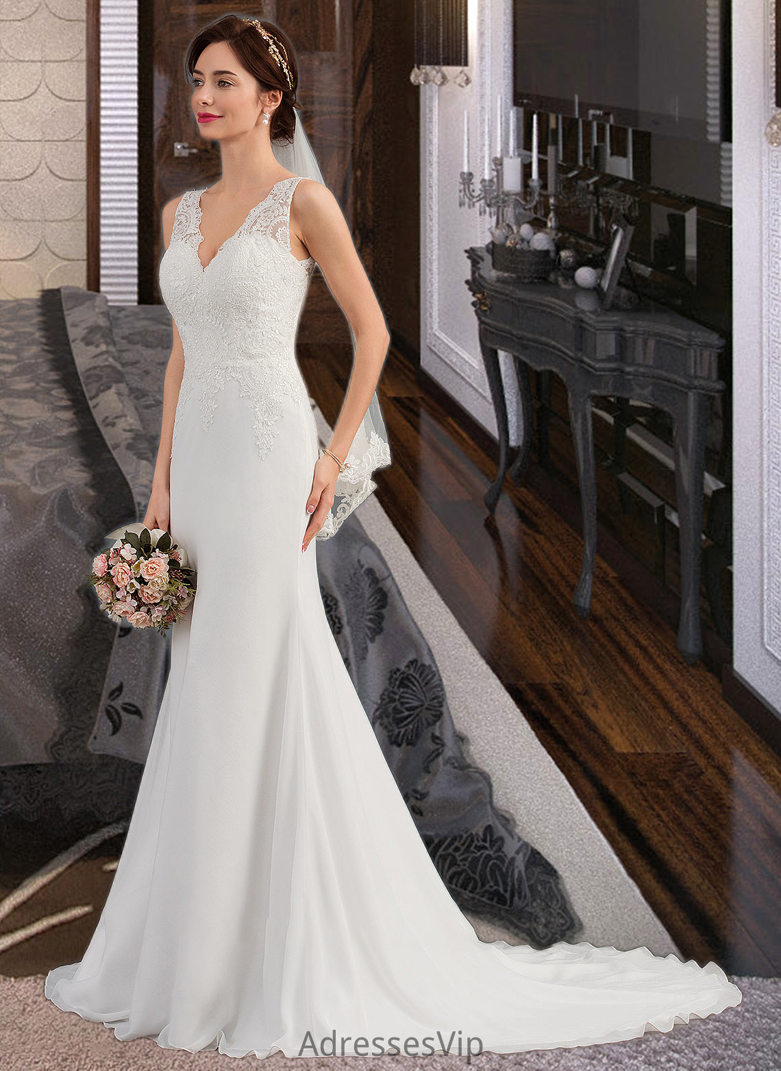 Cherish Trumpet/Mermaid V-neck Court Train Chiffon Wedding Dress HCP0013788