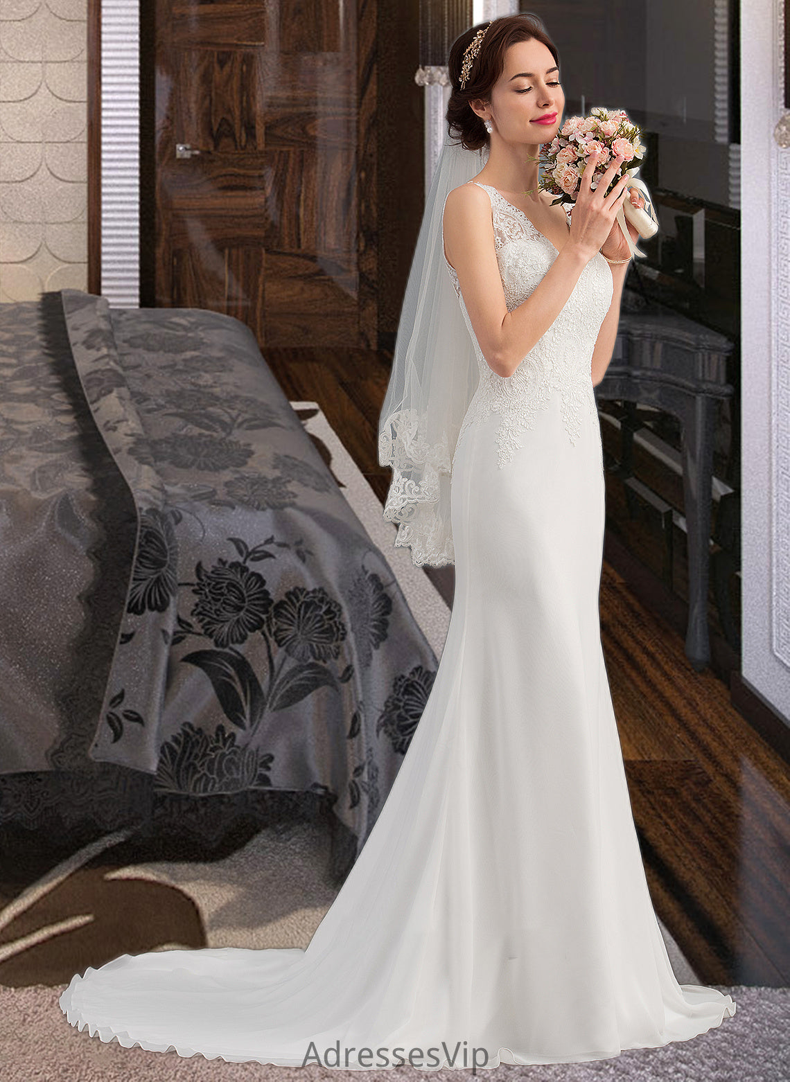 Cherish Trumpet/Mermaid V-neck Court Train Chiffon Wedding Dress HCP0013788