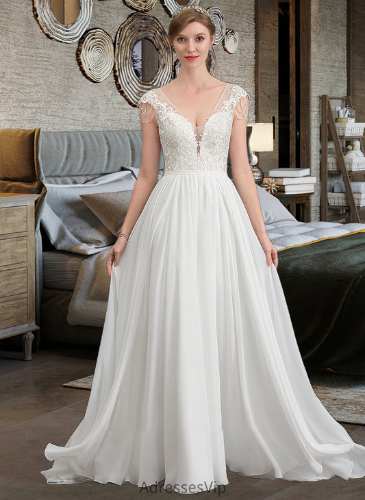 Jaelyn A-Line V-neck Sweep Train Chiffon Wedding Dress With Beading Sequins HCP0013792