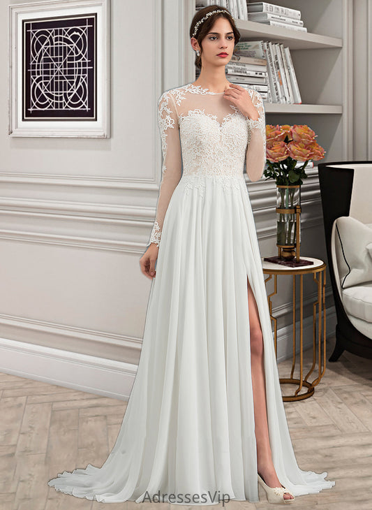 Mikayla A-Line Illusion Sweep Train Chiffon Wedding Dress With Appliques Lace Split Front HCP0013793