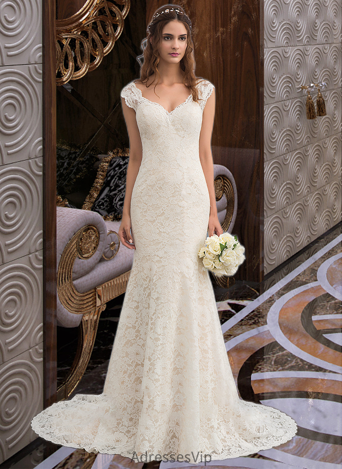 Angeline Trumpet/Mermaid V-neck Court Train Lace Wedding Dress HCP0013804