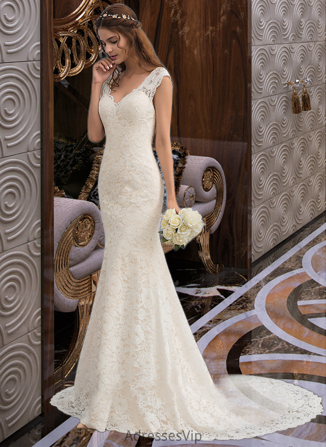 Angeline Trumpet/Mermaid V-neck Court Train Lace Wedding Dress HCP0013804