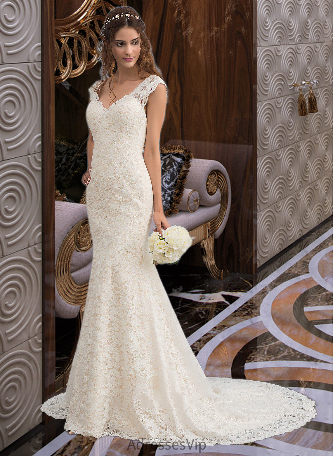 Angeline Trumpet/Mermaid V-neck Court Train Lace Wedding Dress HCP0013804